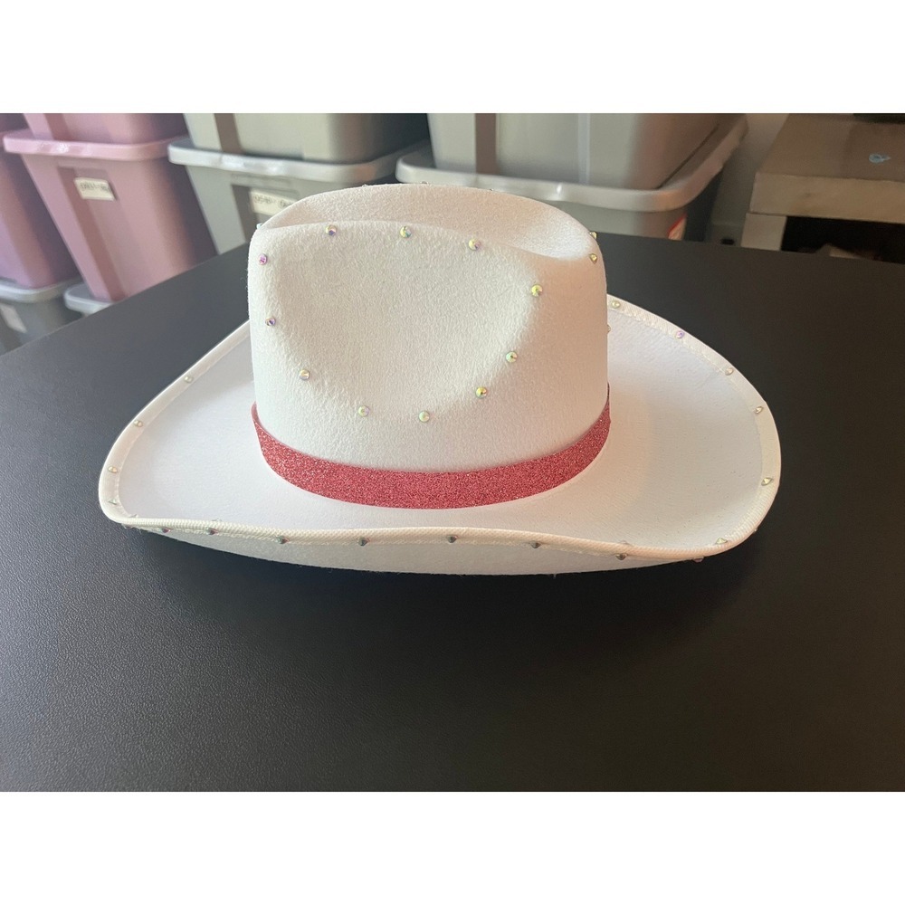 White Felt Cowboy Hat Pink Glitter Band Iridescent Rhinestone Studs Western - Picture 2 of 8